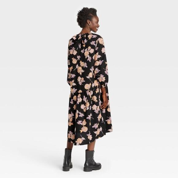 Who What Wear Black Floral Long Modest Cotton Rustic Ruffle Prairie Boho Dress L - Picture 11 of 14